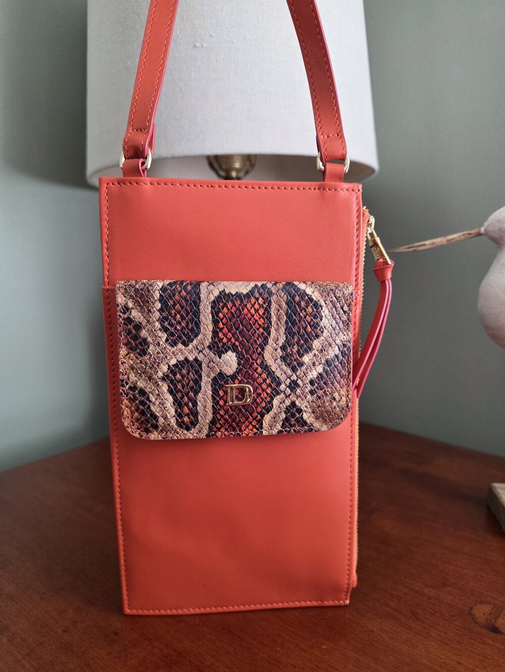 Danilos Emiliano Passport Case Orange Snake Embossed Leather Crossbody Bag